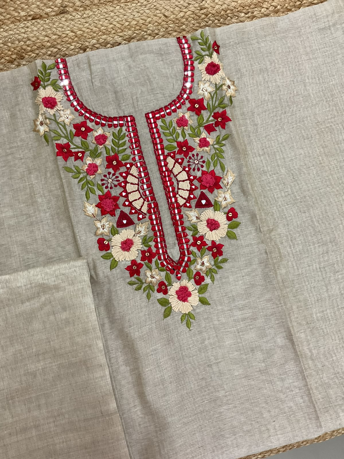 Pure Fine Slub Chanderi Embroidered Suit - Beige