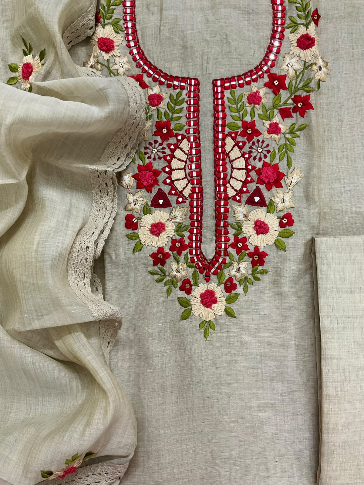Pure Fine Slub Chanderi Embroidered Suit - Beige