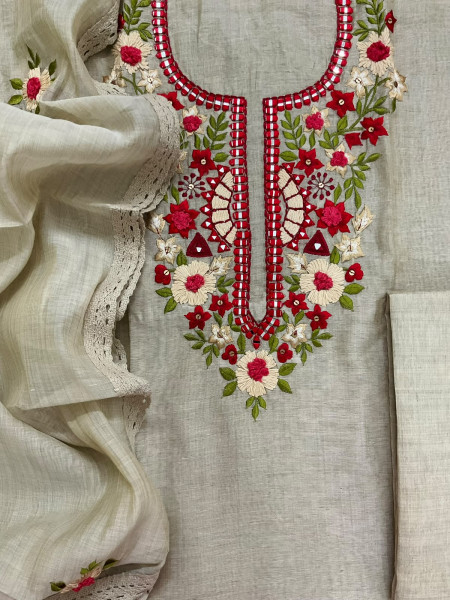 Image of Pure Fine Slub Chanderi Embroidered Suit - Beige