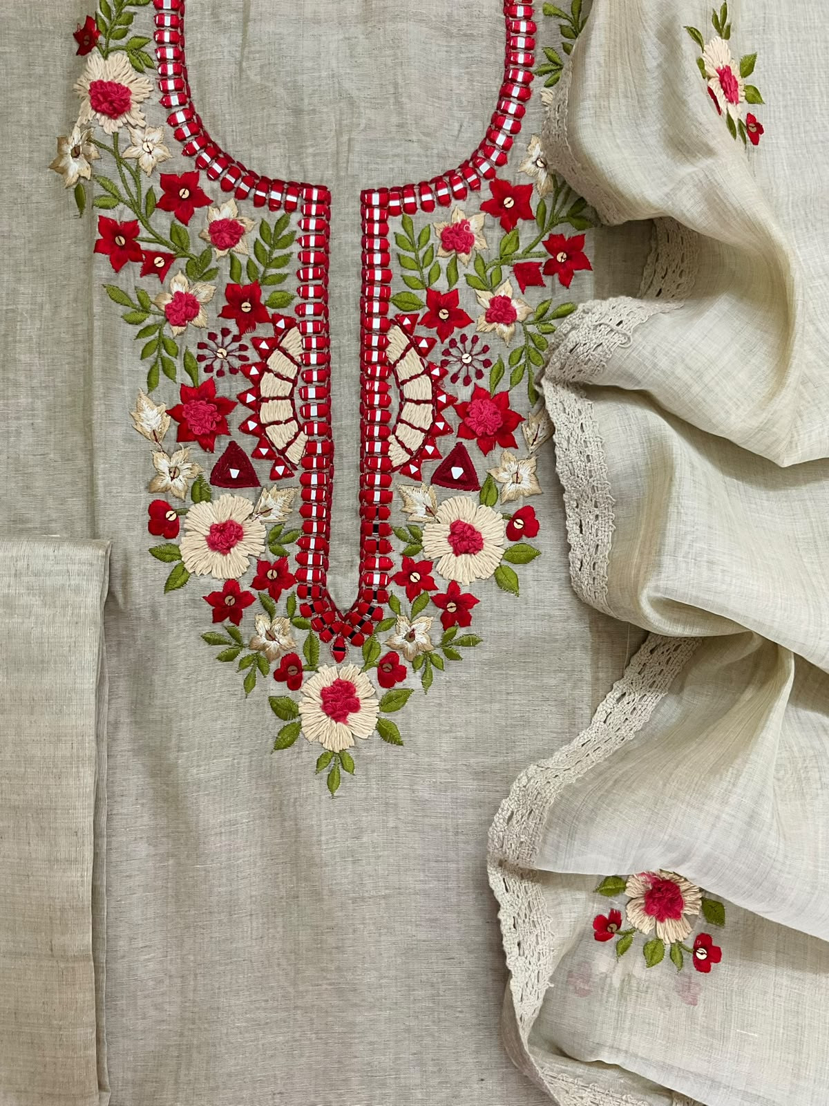 Pure Fine Slub Chanderi Embroidered Suit - Beige