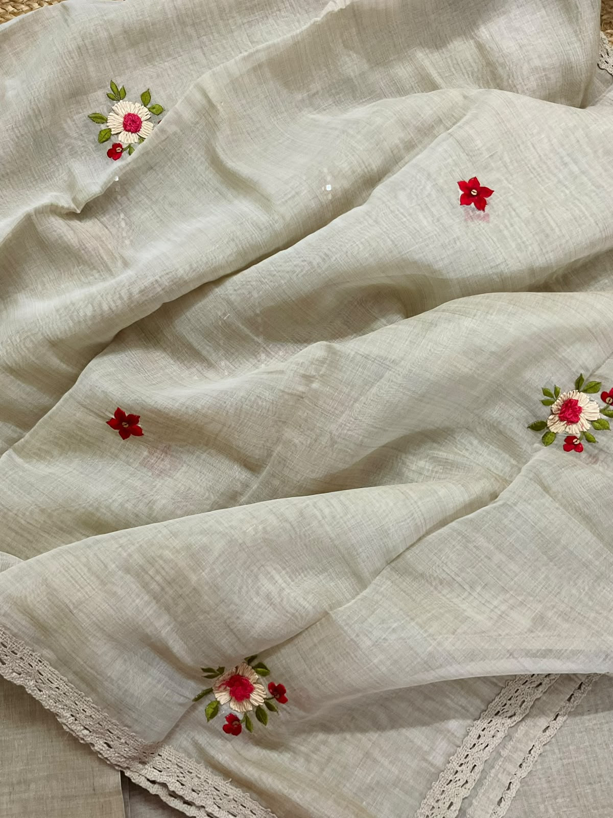 Pure Fine Slub Chanderi Embroidered Suit - Beige
