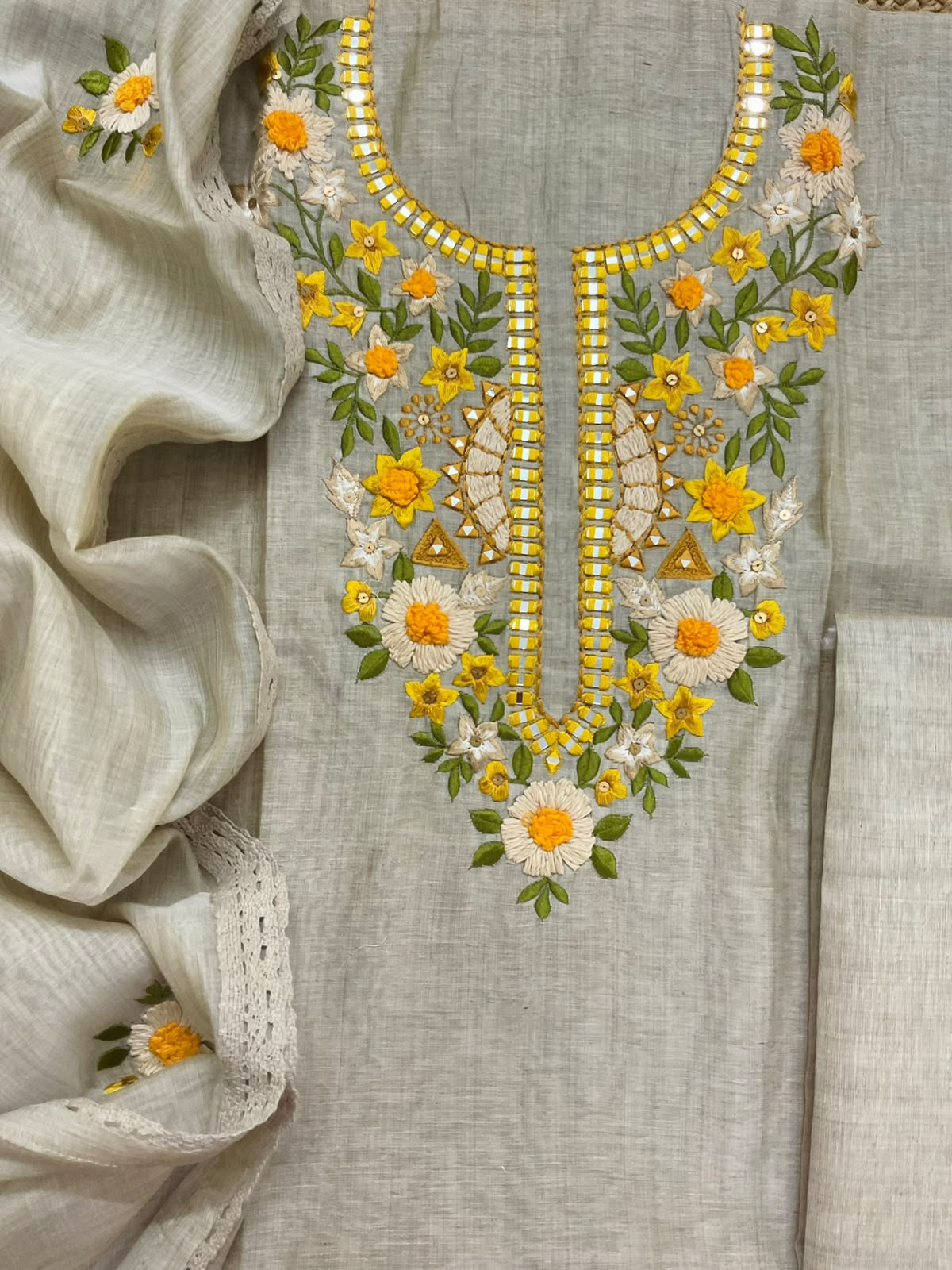 Pure Fine Slub Chanderi Embroidered Suit - Beige