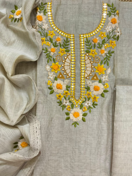 Image of Pure Fine Slub Chanderi Embroidered Suit - Beige