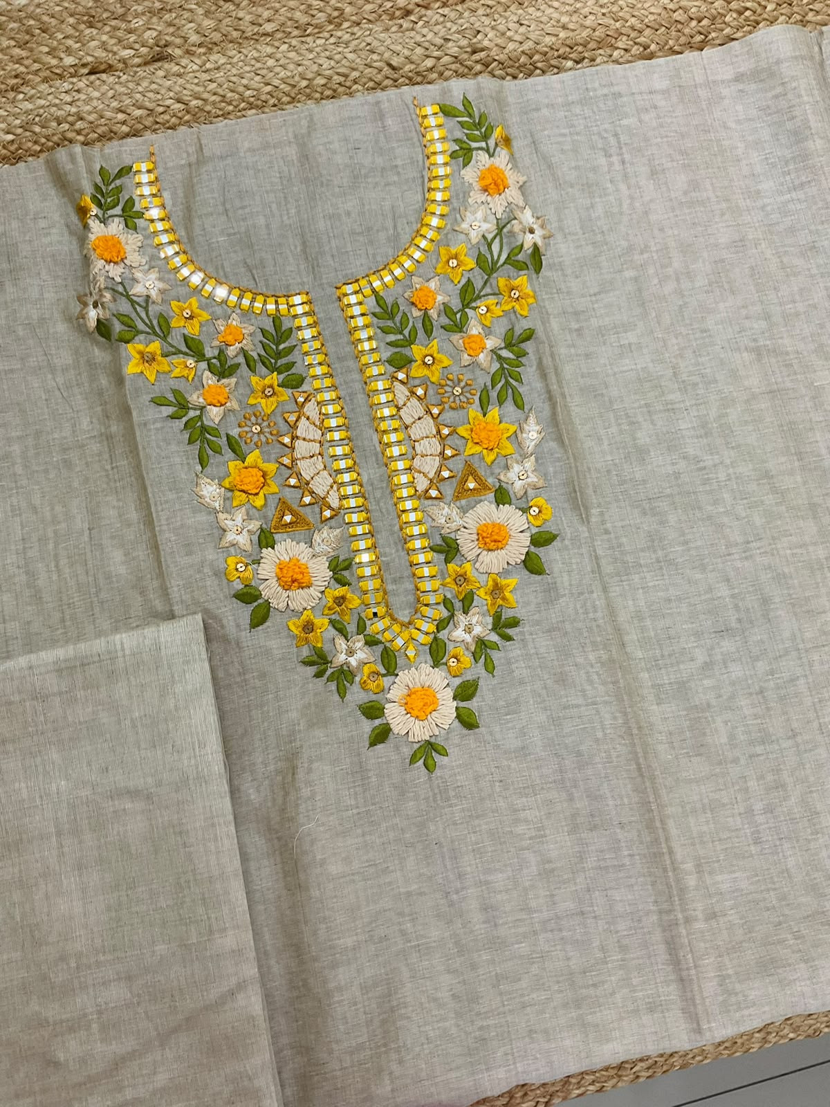 Pure Fine Slub Chanderi Embroidered Suit - Beige