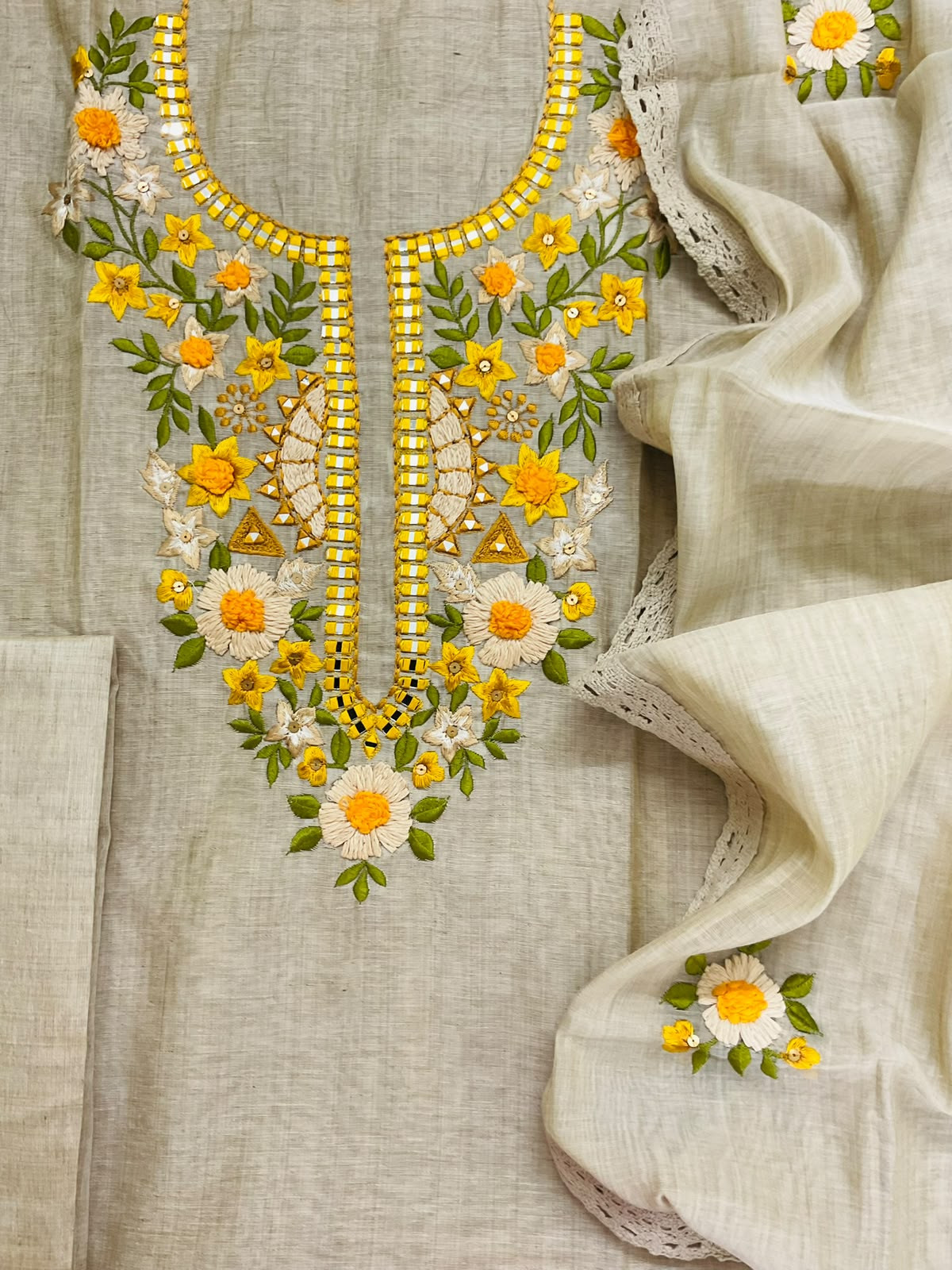 Pure Fine Slub Chanderi Embroidered Suit - Beige