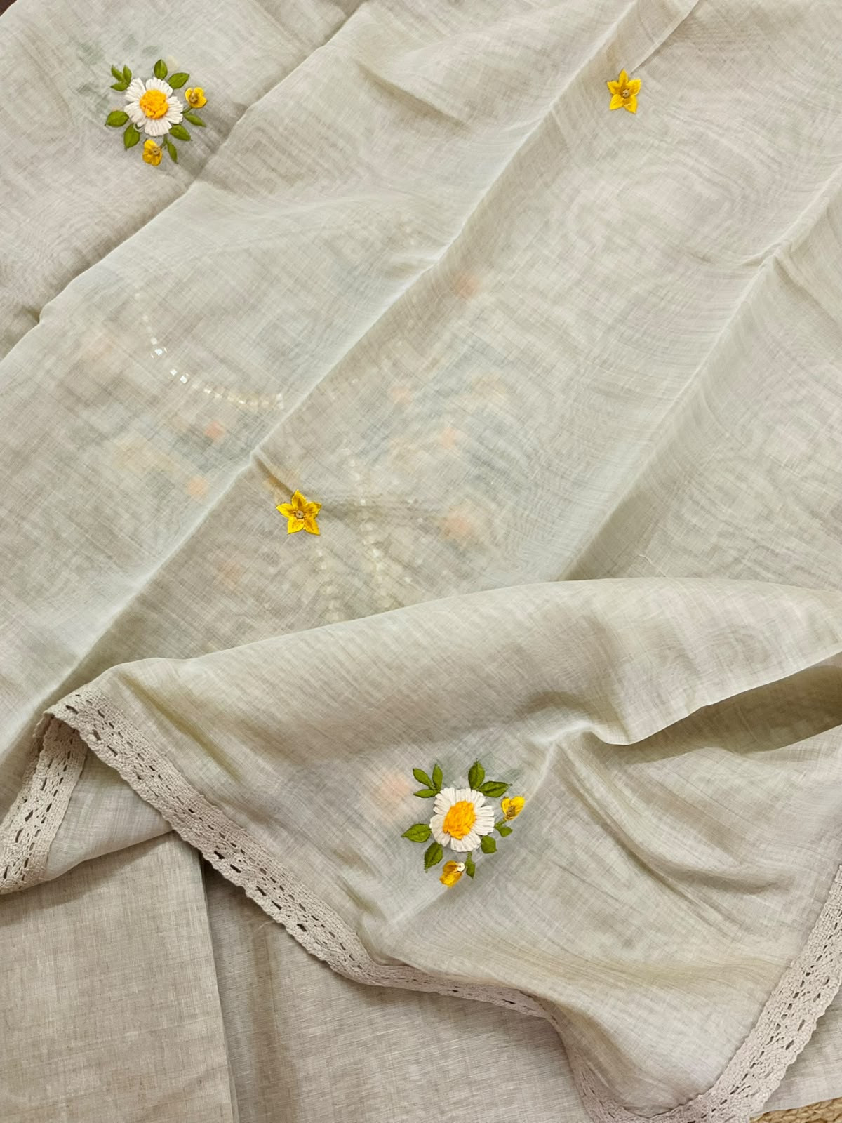 Pure Fine Slub Chanderi Embroidered Suit - Beige