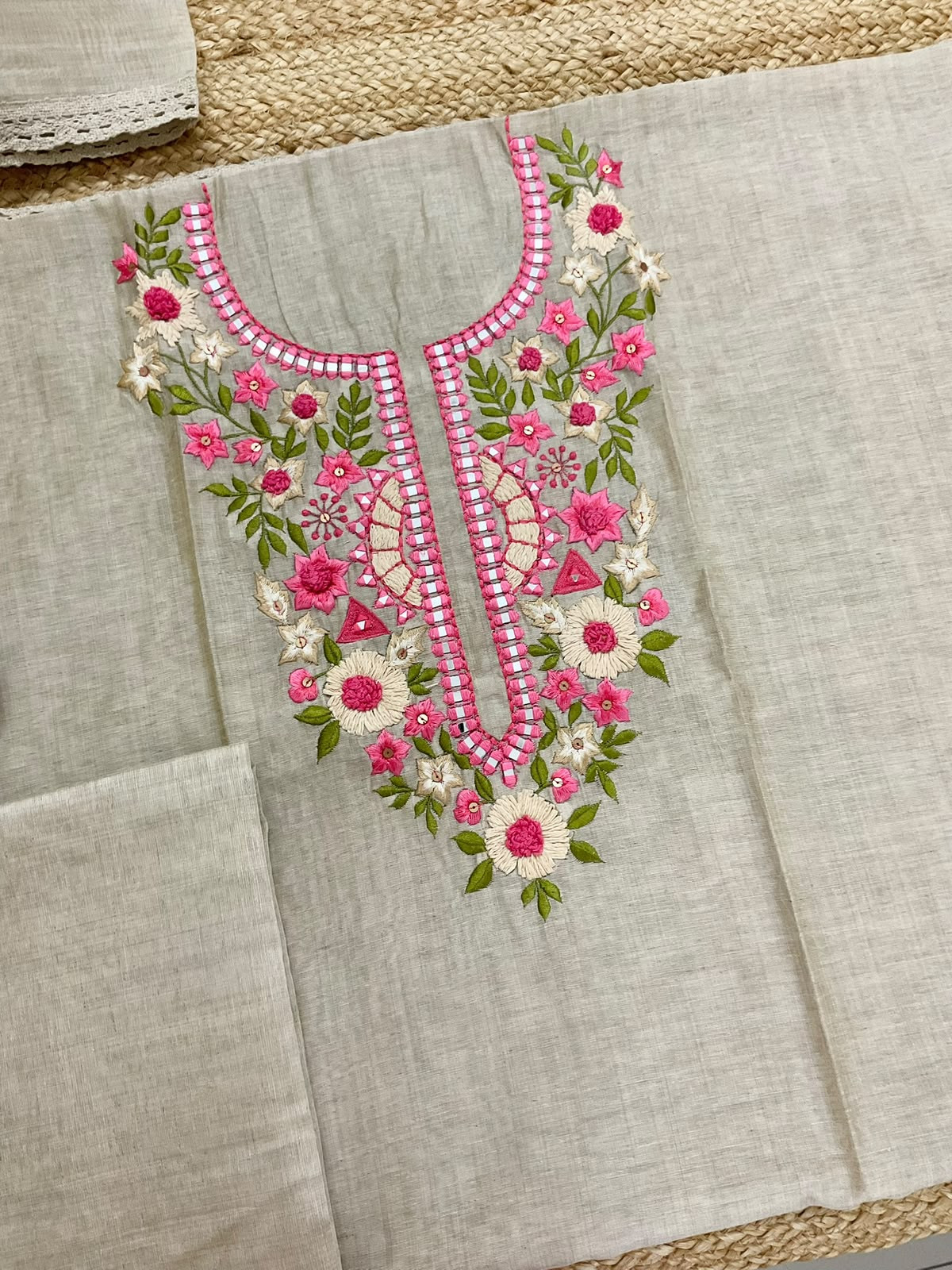 Pure Fine Slub Chanderi Embroidered Suit - Beige