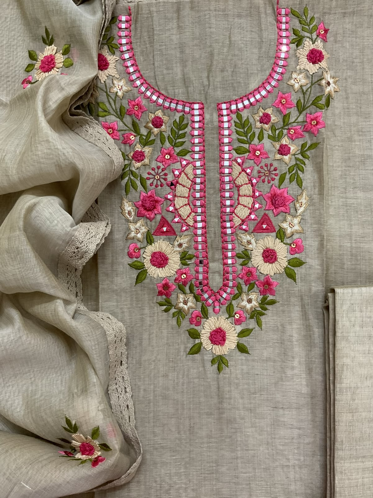 Pure Fine Slub Chanderi Embroidered Suit - Beige