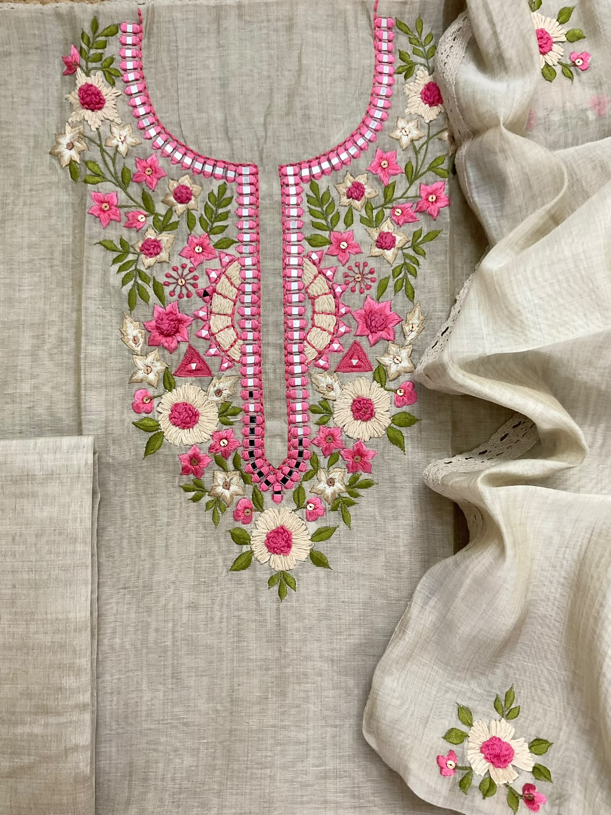 Pure Fine Slub Chanderi Embroidered Suit - Beige