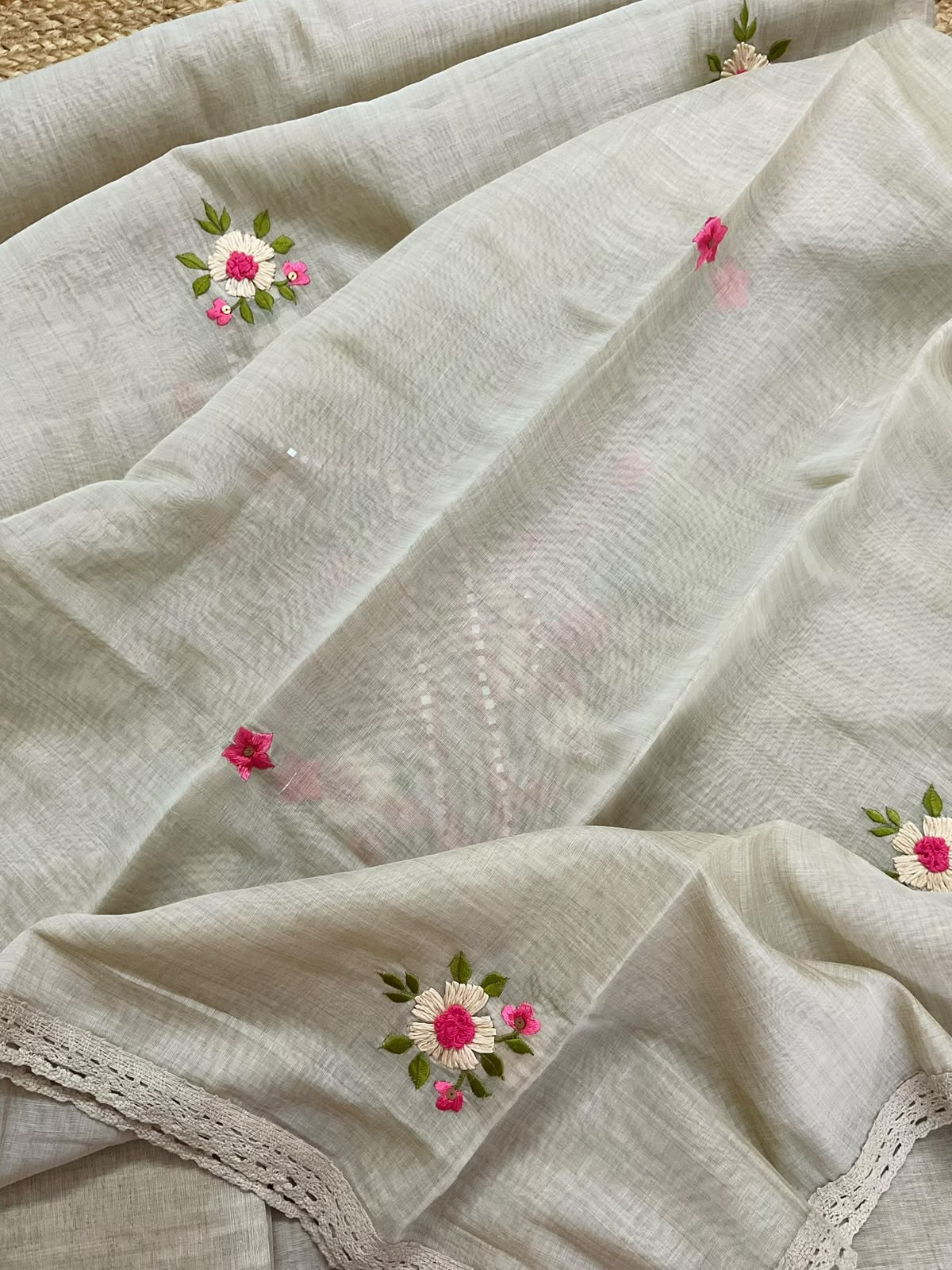 Pure Fine Slub Chanderi Embroidered Suit - Beige