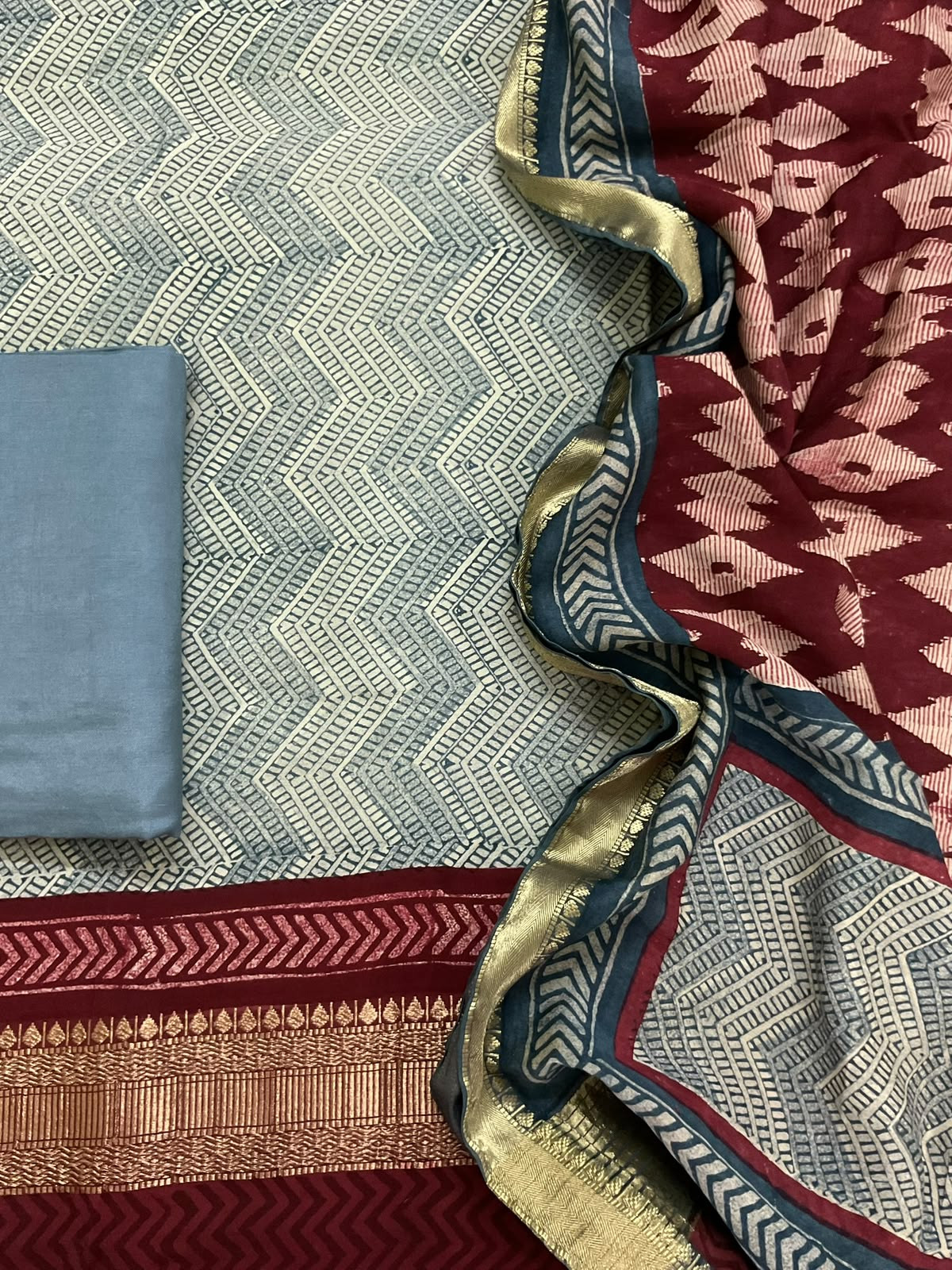Pure Muslin Printed Banarasi Weaved Suit - Blue