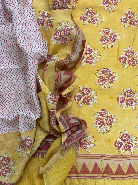 Image of Pure Mul Chanderi Printed Suit - Yellow