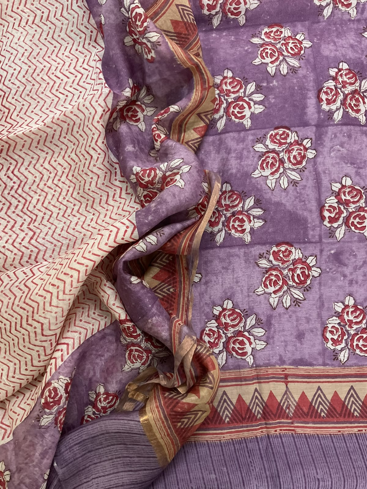 Pure Mul Chanderi Printed Suit - Purple