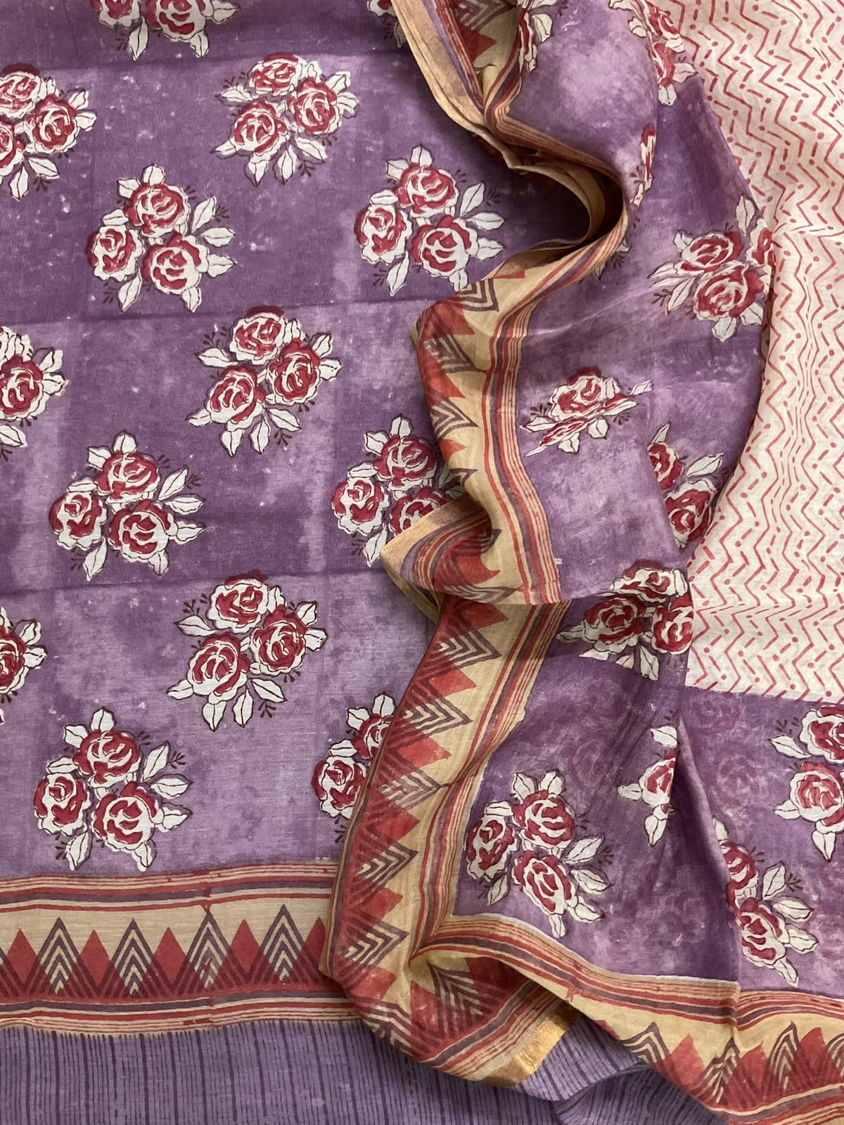 Pure Mul Chanderi Printed Suit - Purple