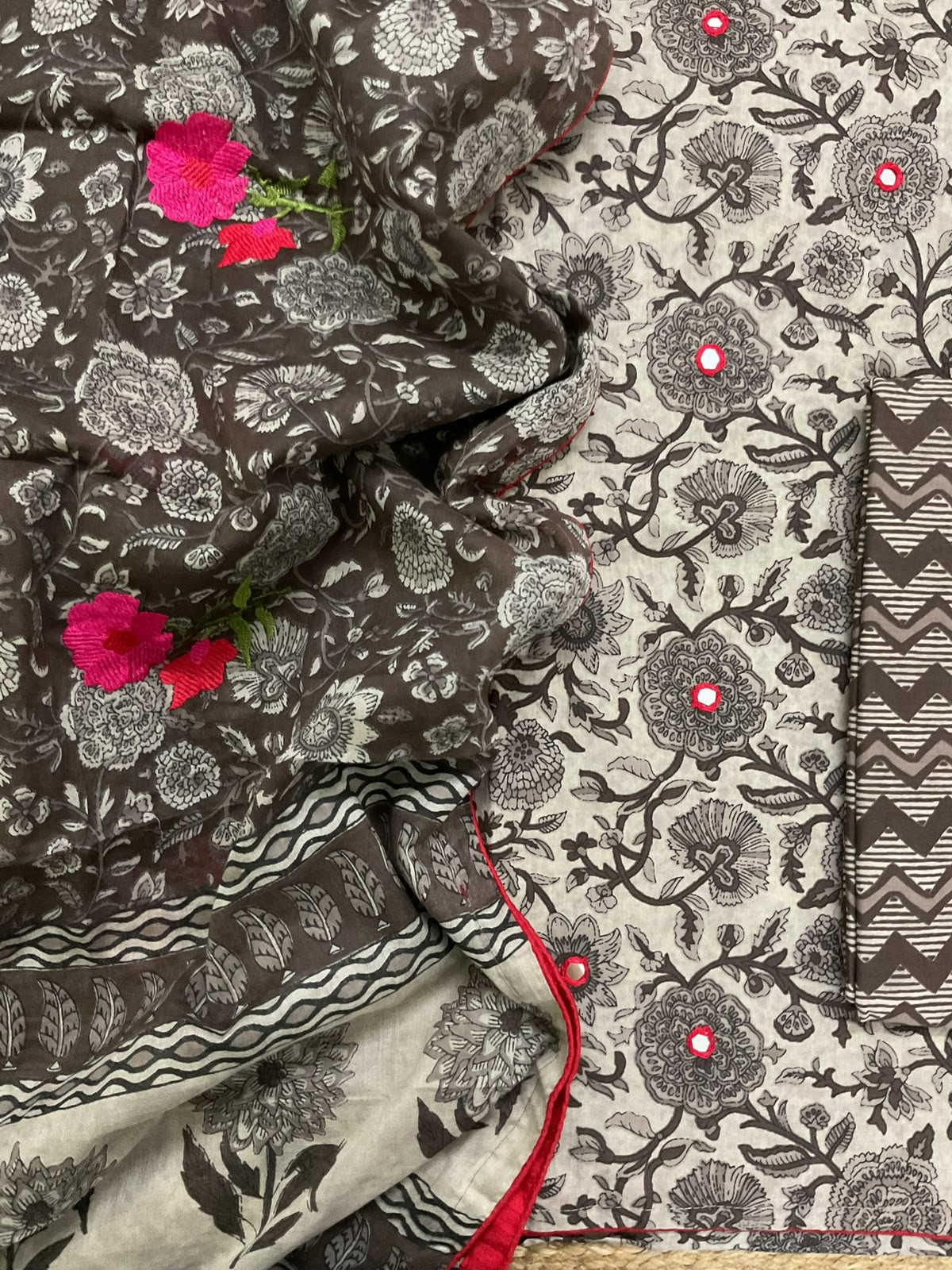 Pure Cotton Printed Embroidered Suit - Brown