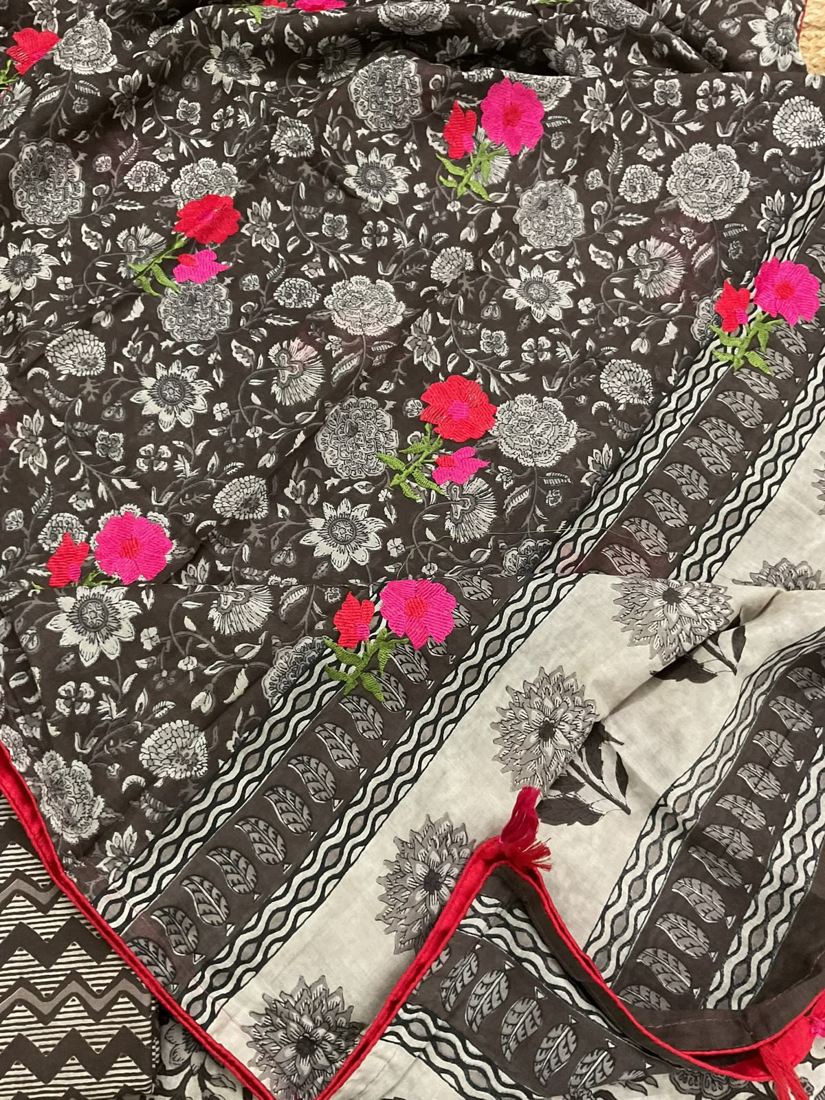 Pure Cotton Printed Embroidered Suit - Brown