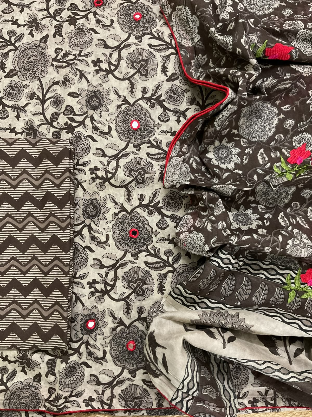 Pure Cotton Printed Embroidered Suit - Brown