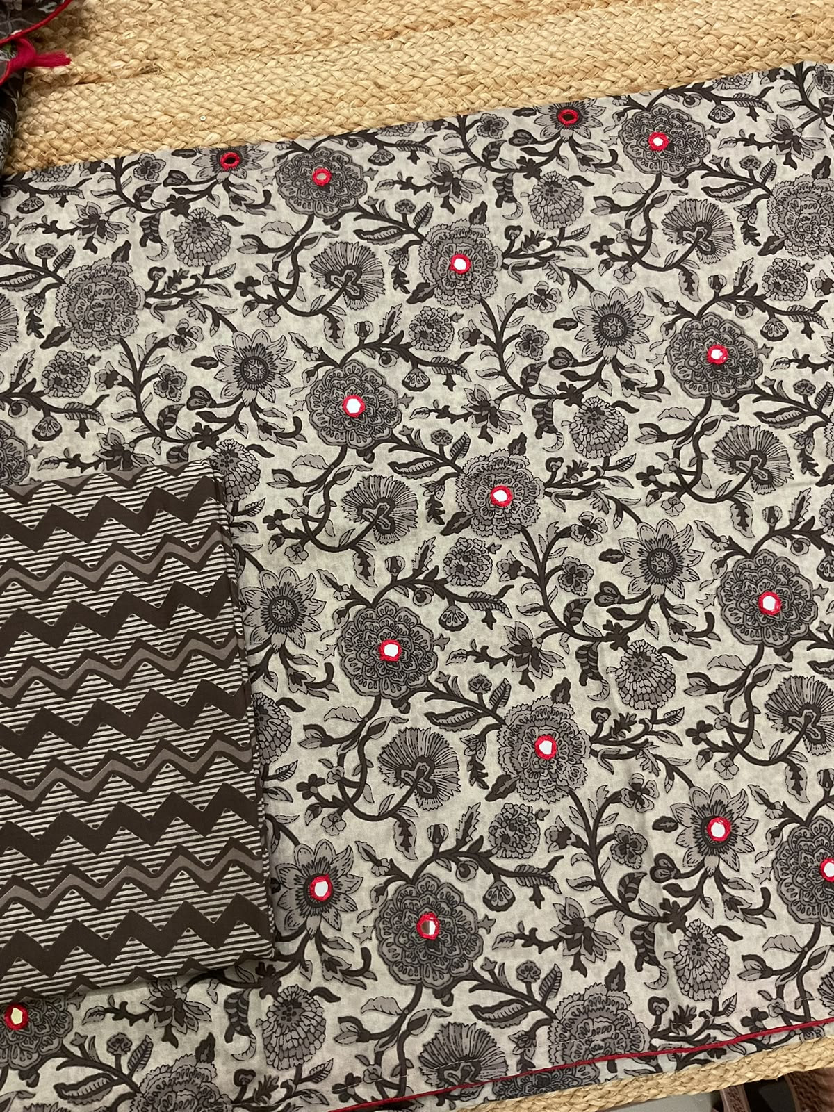 Pure Cotton Printed Embroidered Suit - Brown