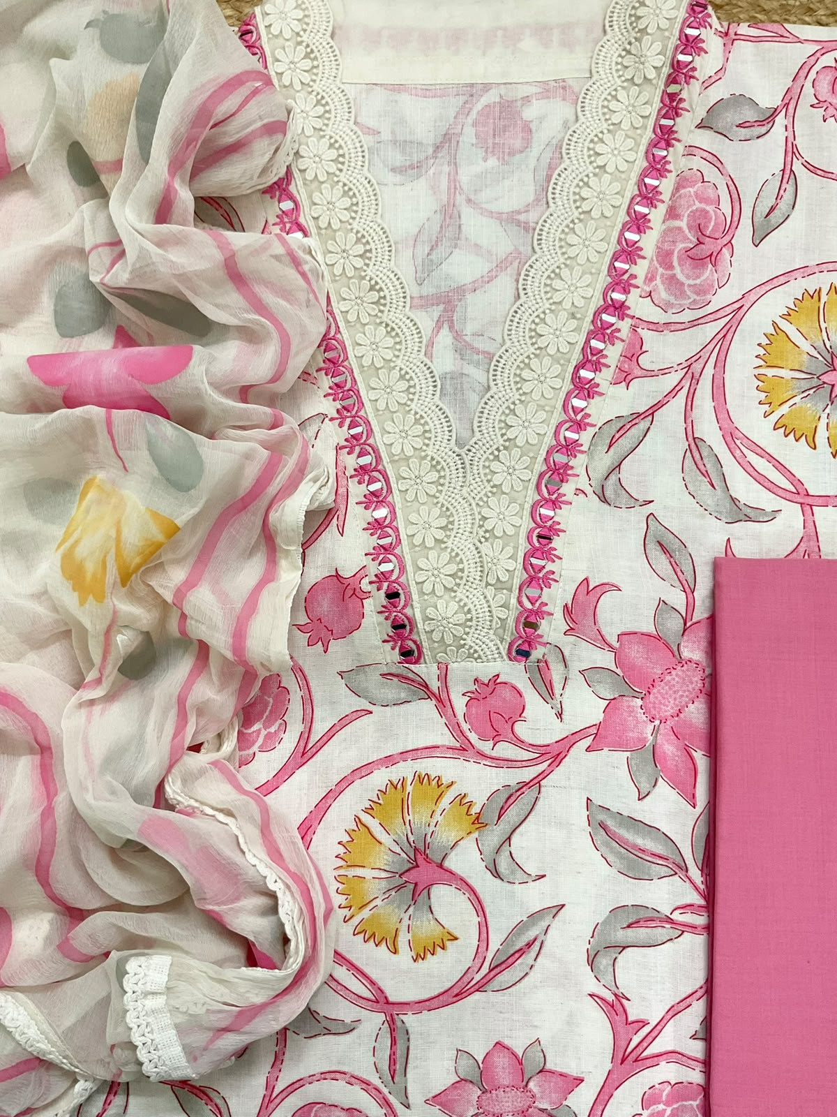 Pure Jute Cotton Brush Painted Embroidered Suit - Off White