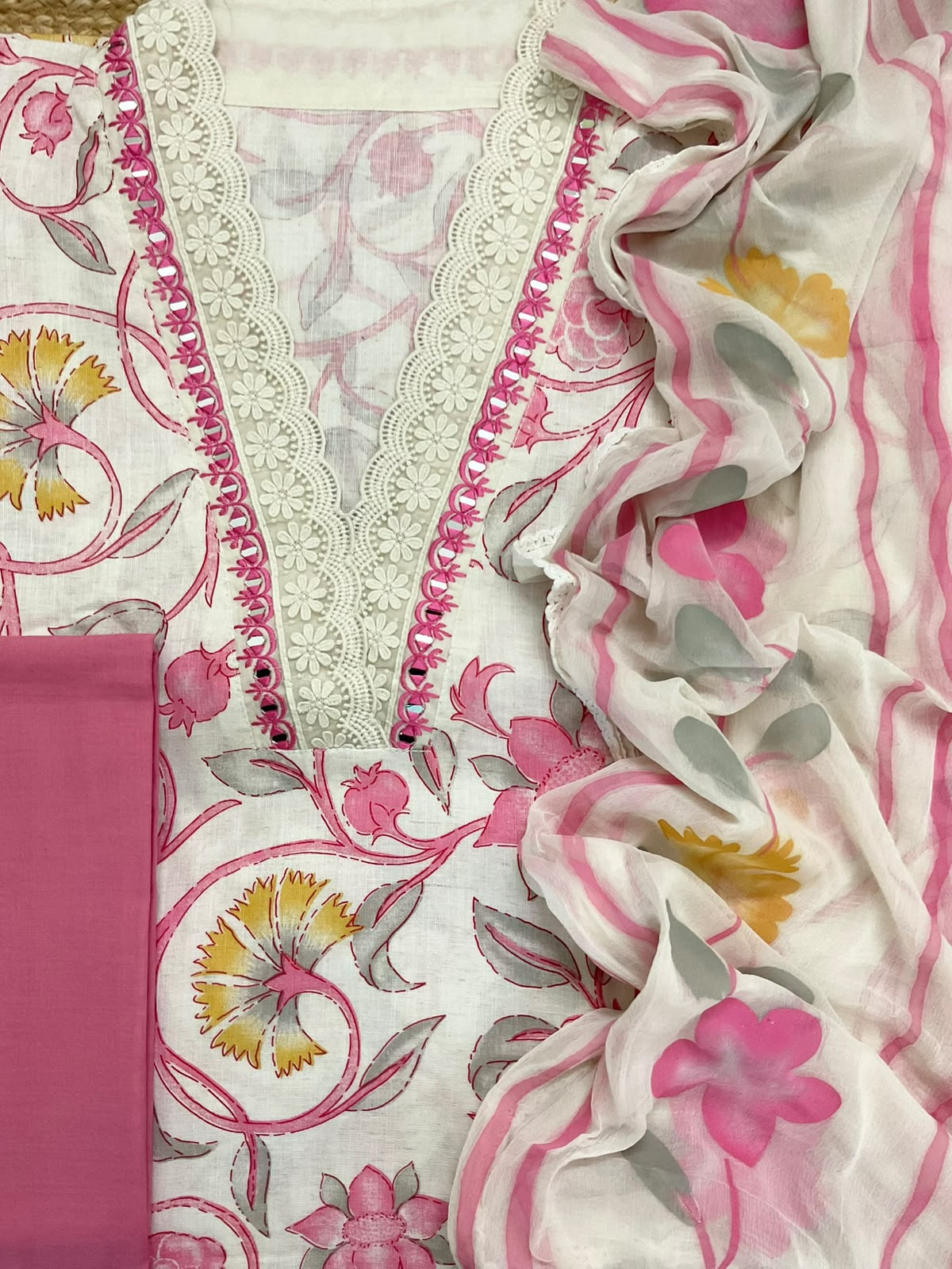 Pure Jute Cotton Brush Painted Embroidered Suit - Off White