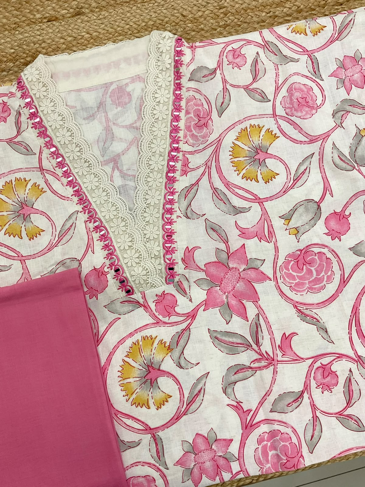 Pure Jute Cotton Brush Painted Embroidered Suit - Off White