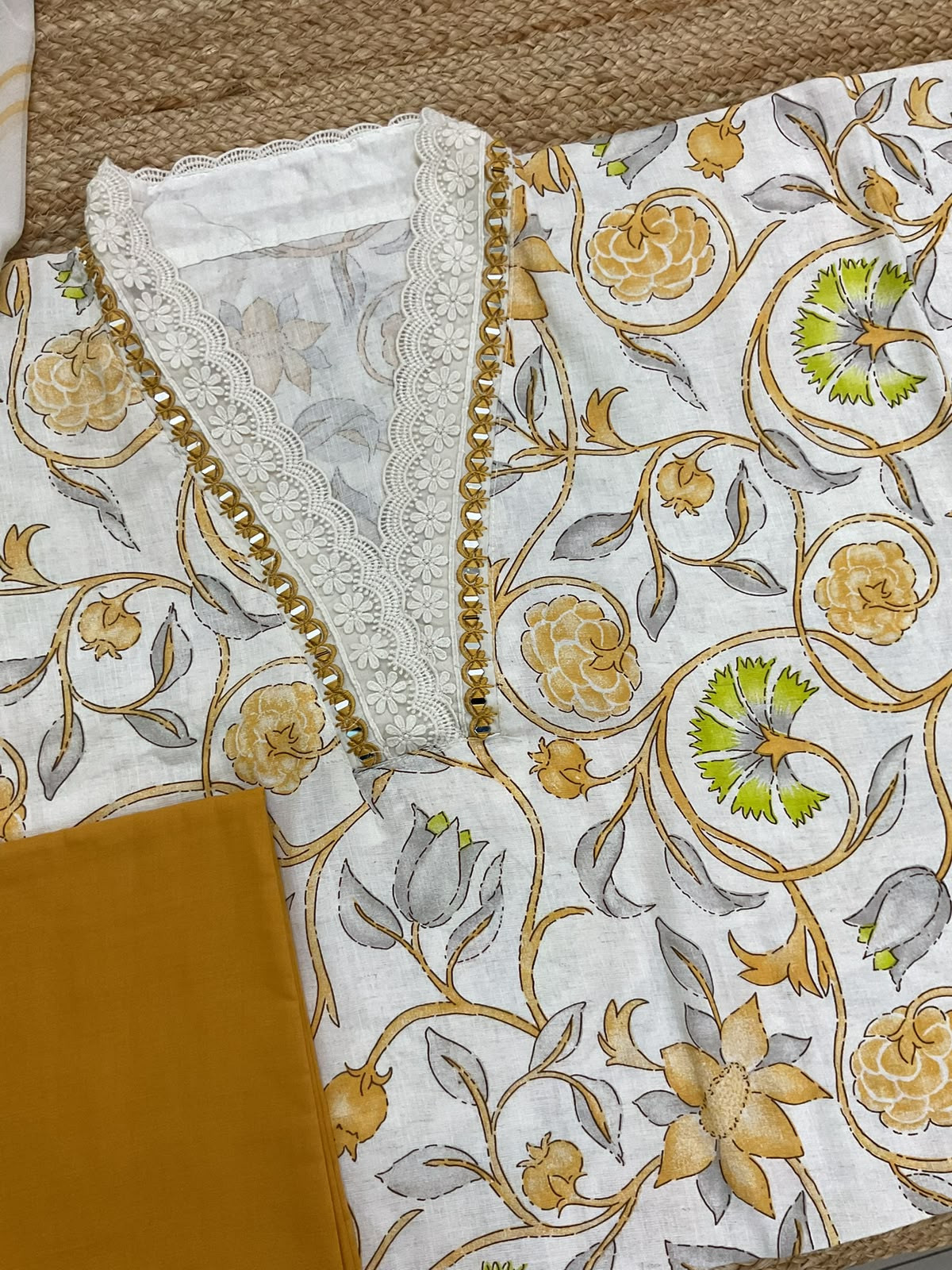 Pure Jute Cotton Brush Painted Embroidered Suit - Off White