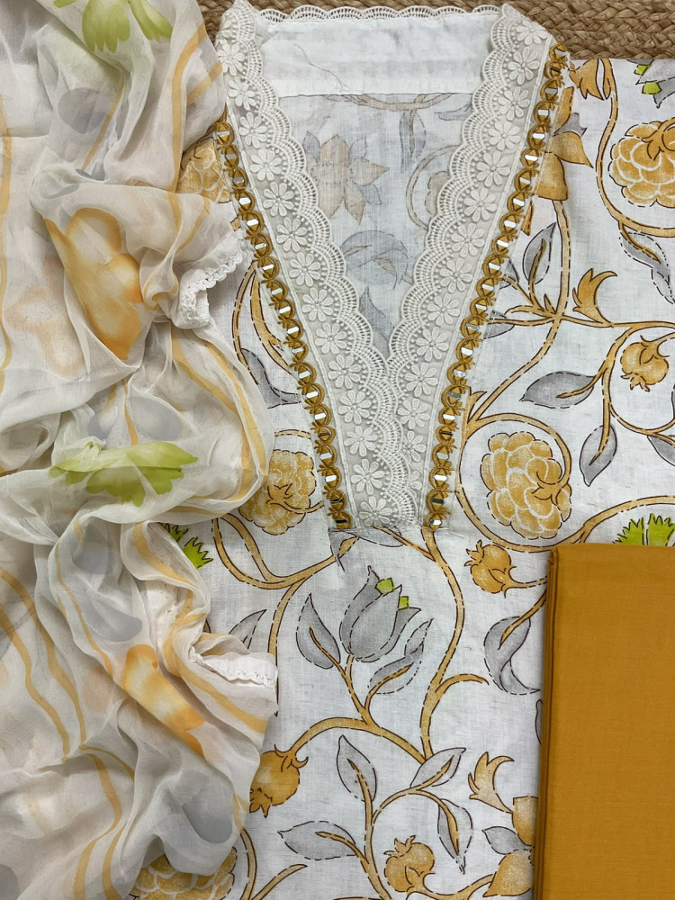 Image of Pure Jute Cotton Brush Painted Embroidered Suit - Off White