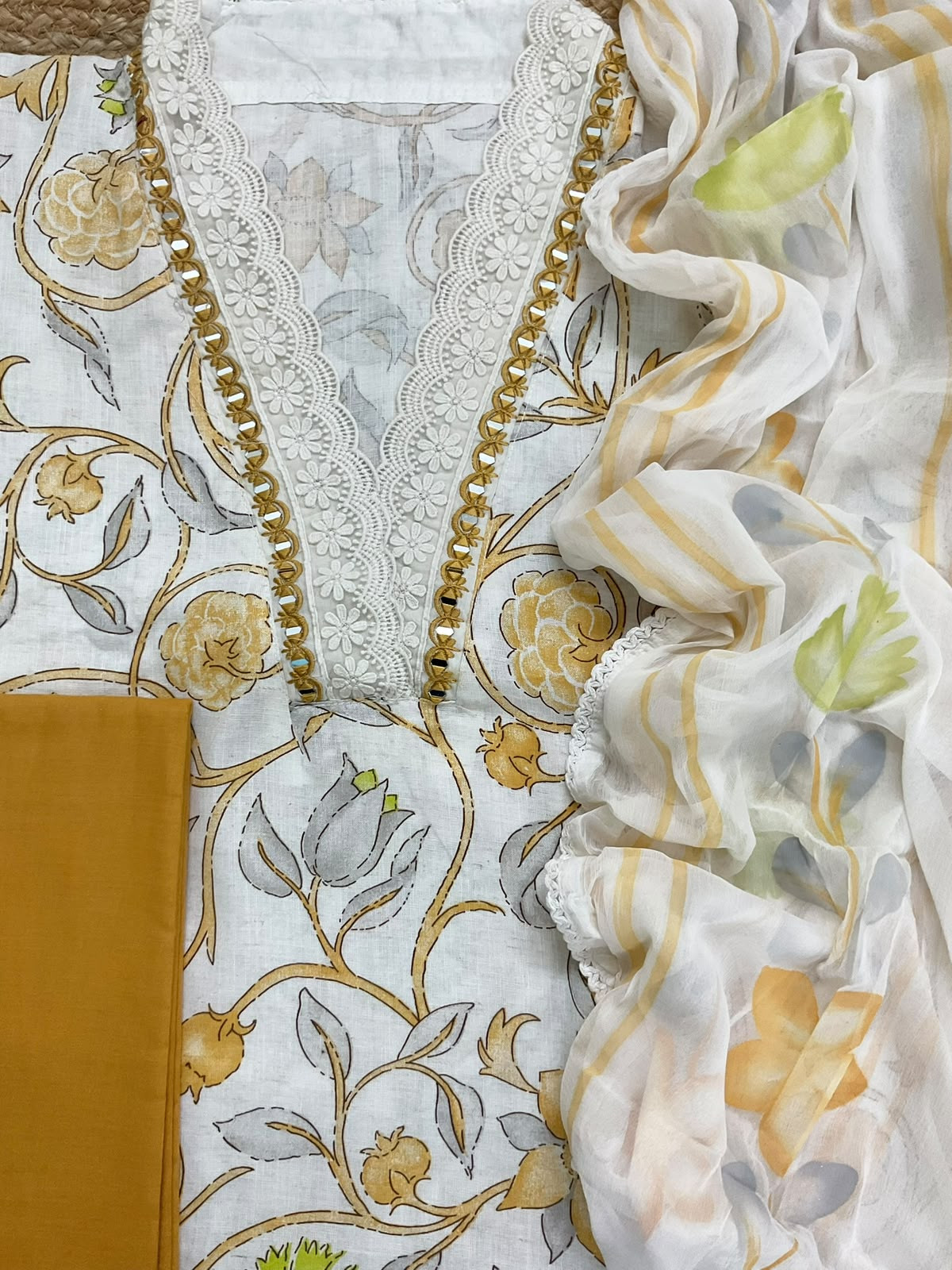 Pure Jute Cotton Brush Painted Embroidered Suit - Off White