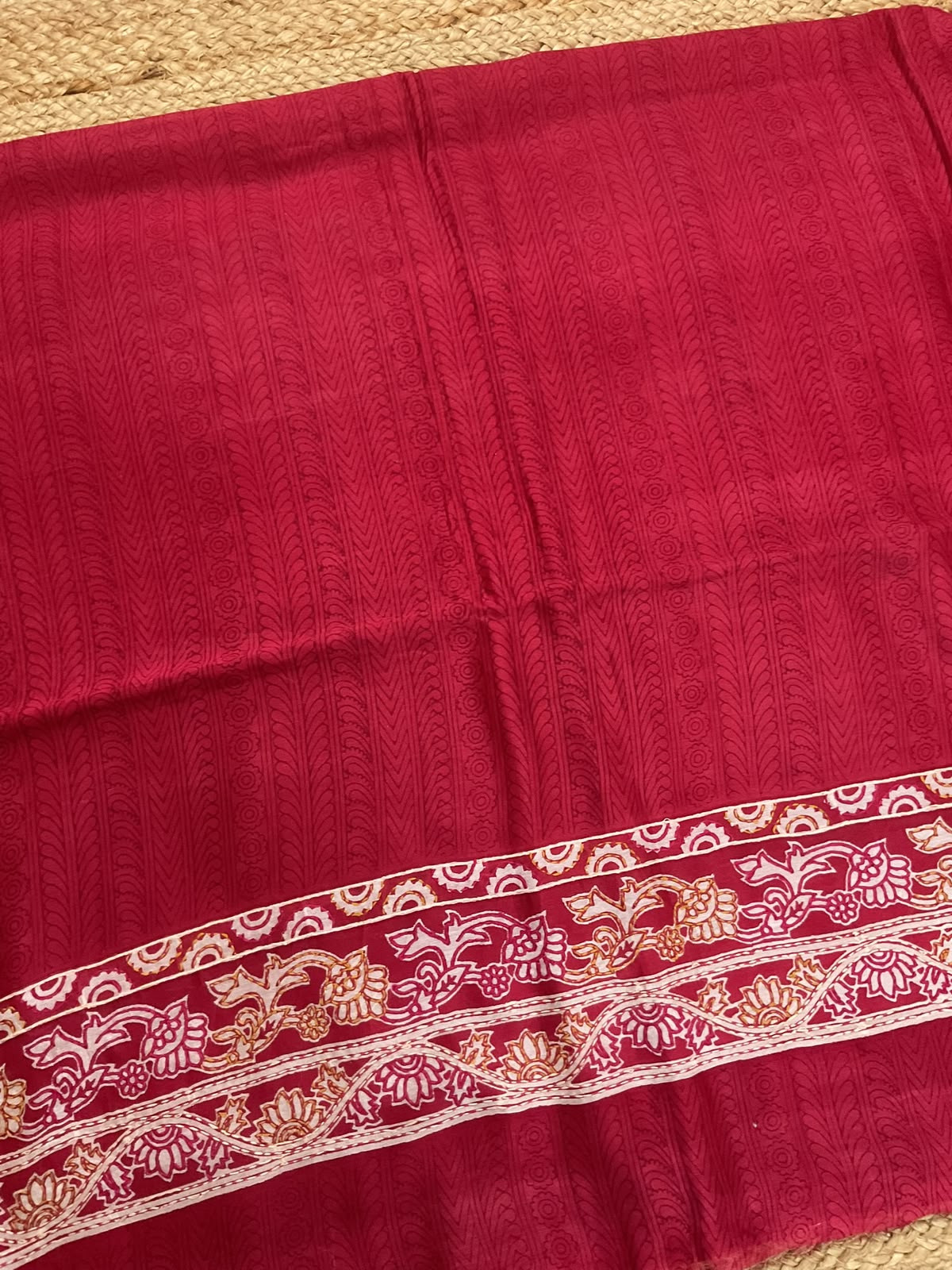Pure Mul Chanderi Printed Kantha Work Suit - Red