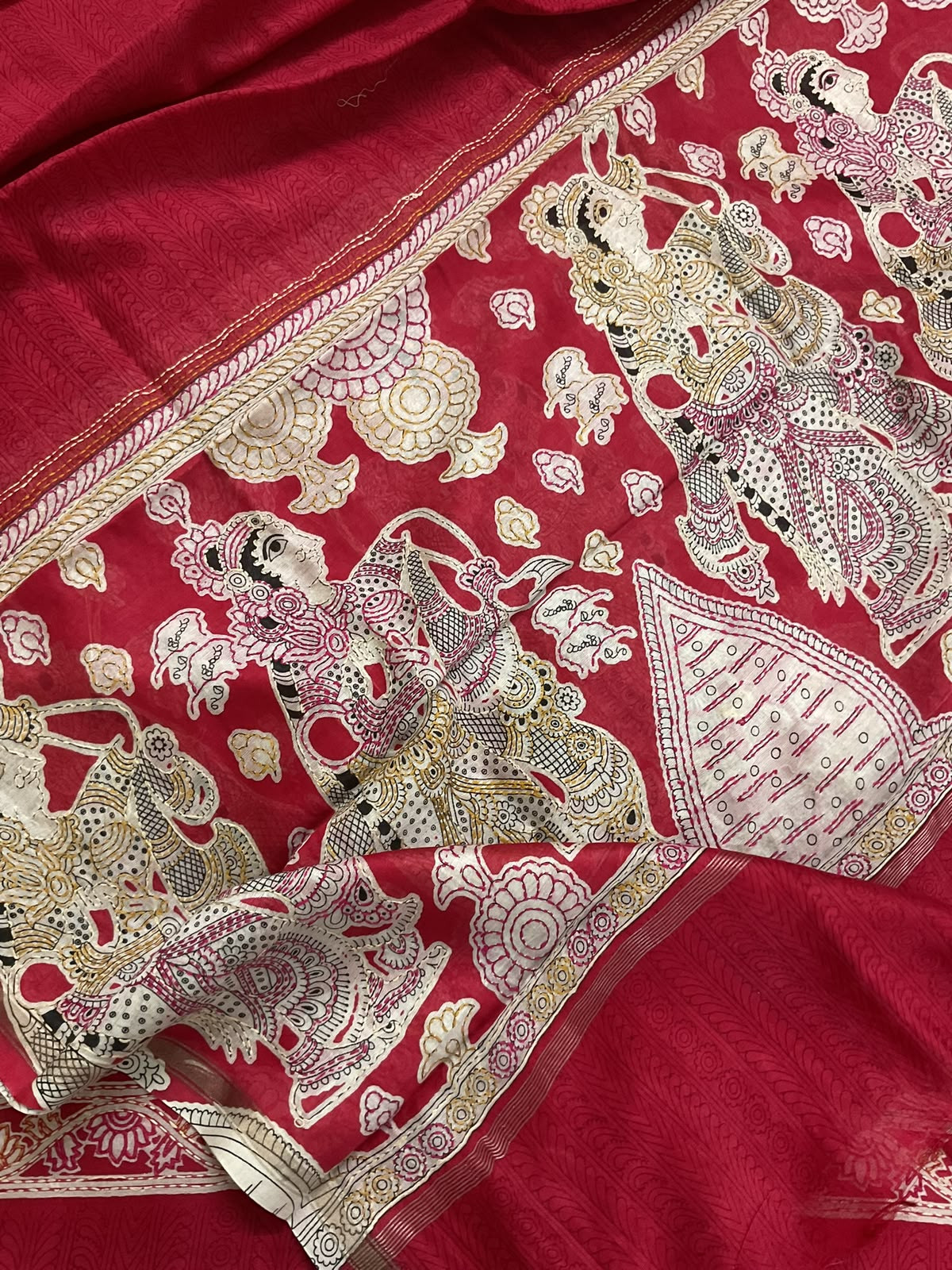 Pure Mul Chanderi Printed Kantha Work Suit - Red