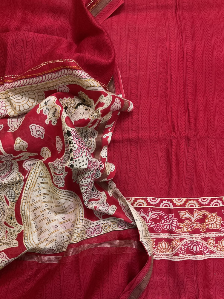 Image of Pure Mul Chanderi Printed Kantha Work Suit - Red