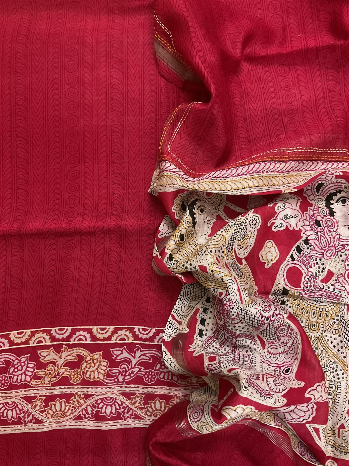 Pure Mul Chanderi Printed Kantha Work Suit - Red