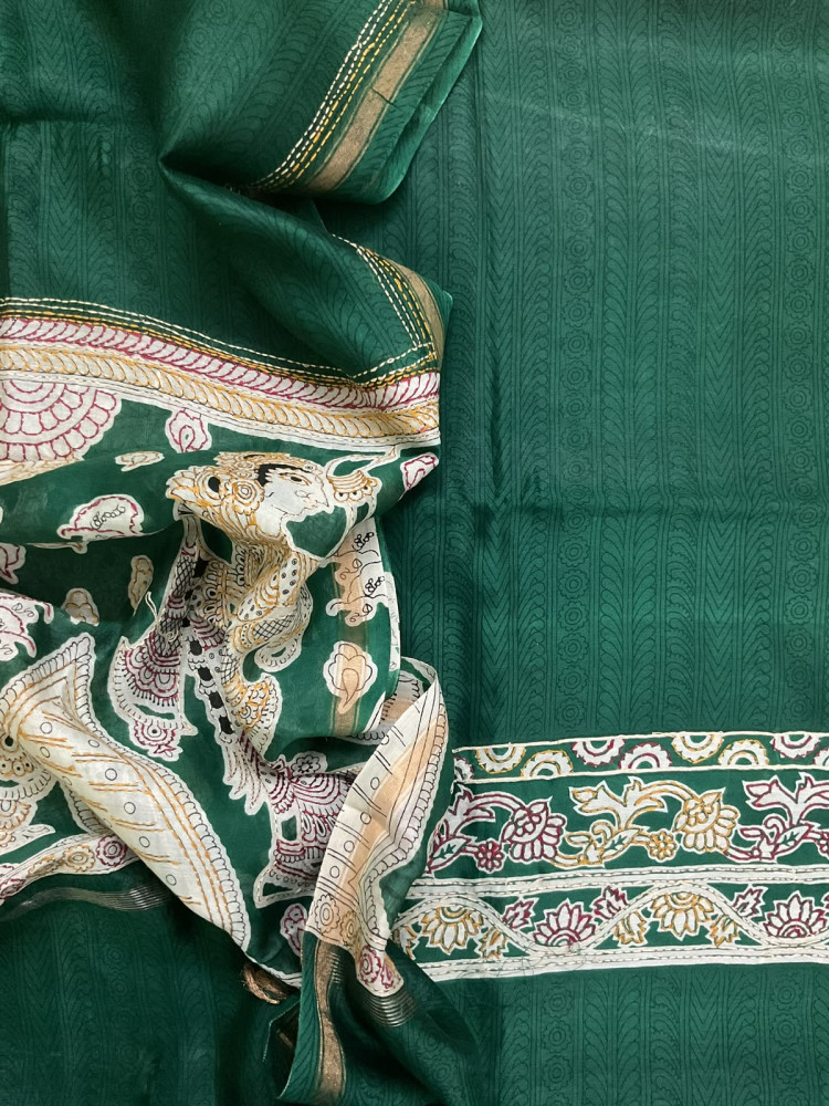 Image of Pure Mul Chanderi Printed Kantha Work Suit - Green