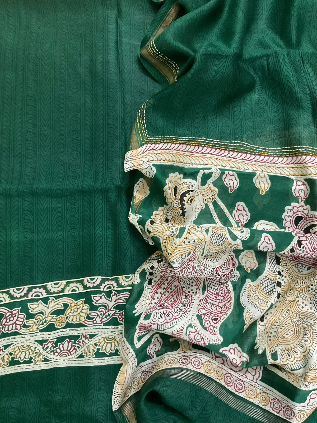 Pure Mul Chanderi Printed Kantha Work Suit - Green