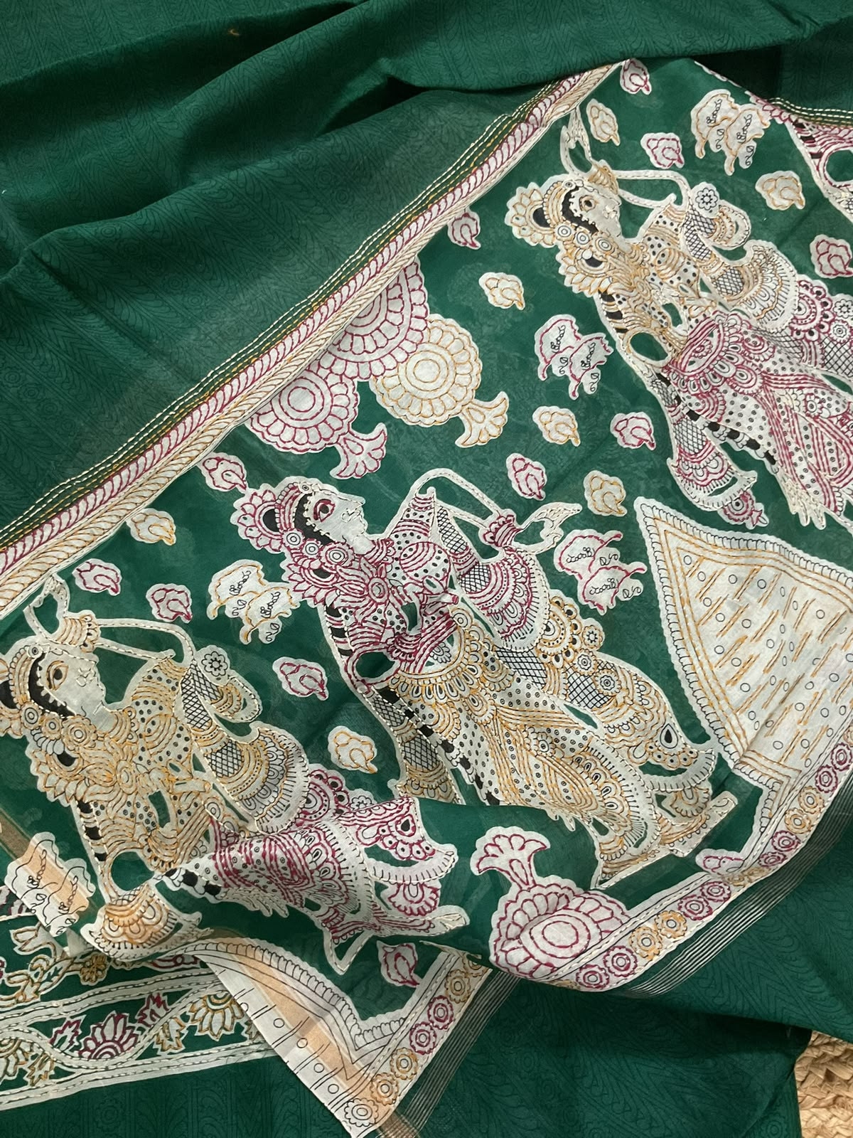 Pure Mul Chanderi Printed Kantha Work Suit - Green