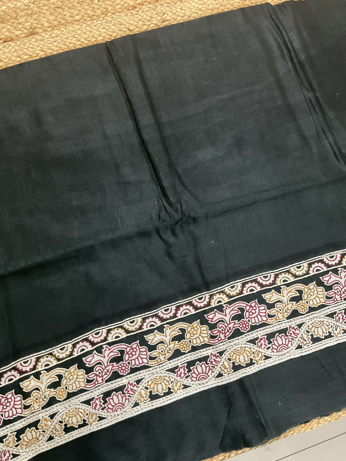 Pure Mul Chanderi Printed Kantha Work Suit - Black