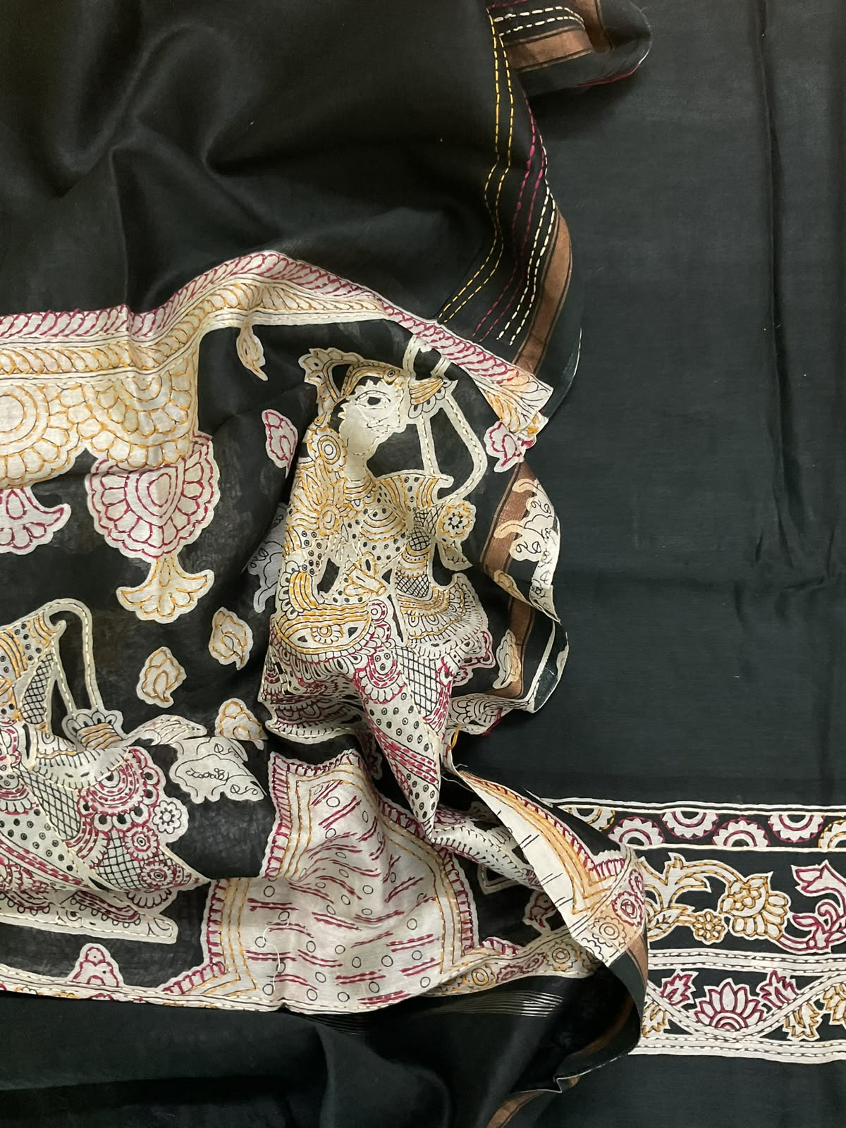 Pure Mul Chanderi Printed Kantha Work Suit - Black