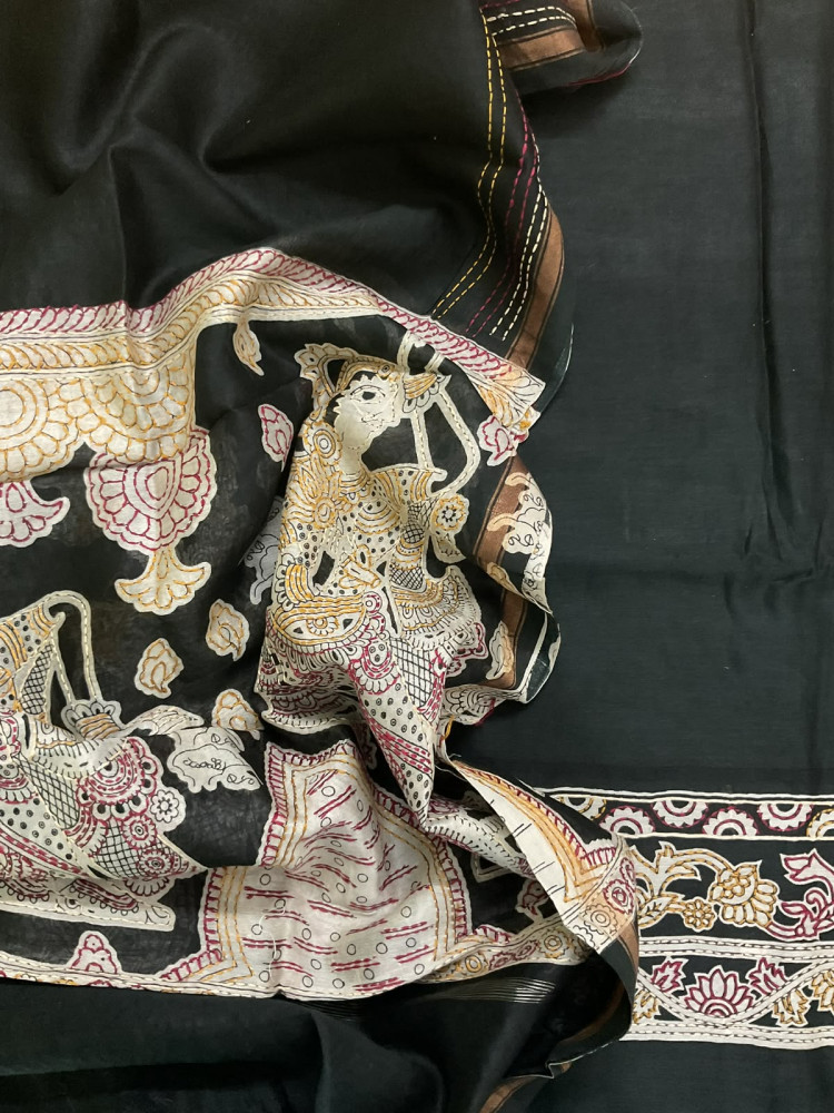 Image of Pure Mul Chanderi Printed Kantha Work Suit - Black