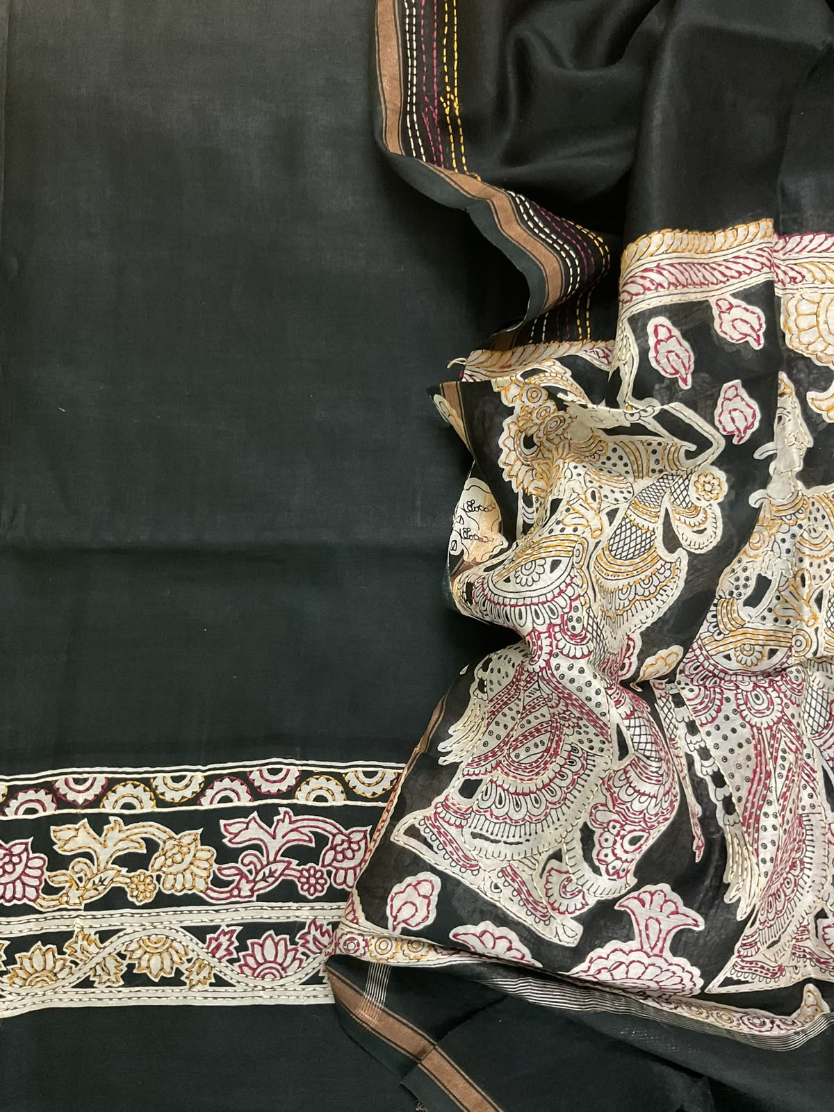 Pure Mul Chanderi Printed Kantha Work Suit - Black