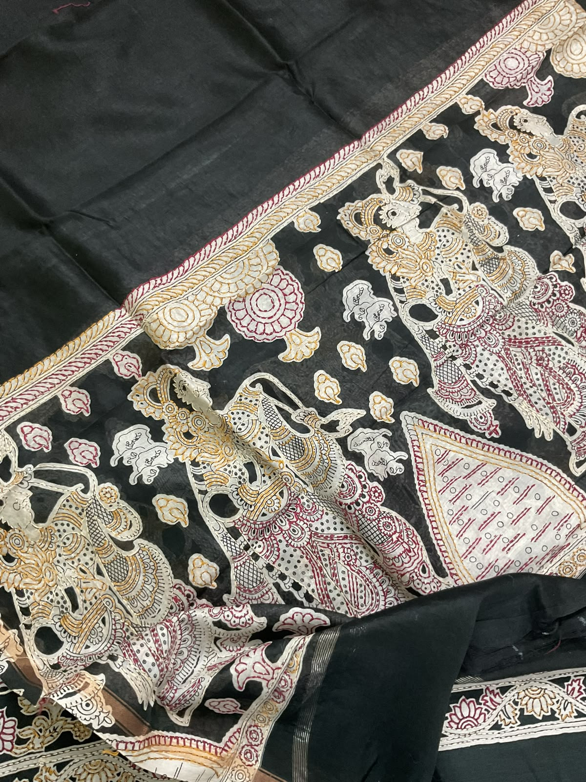 Pure Mul Chanderi Printed Kantha Work Suit - Black