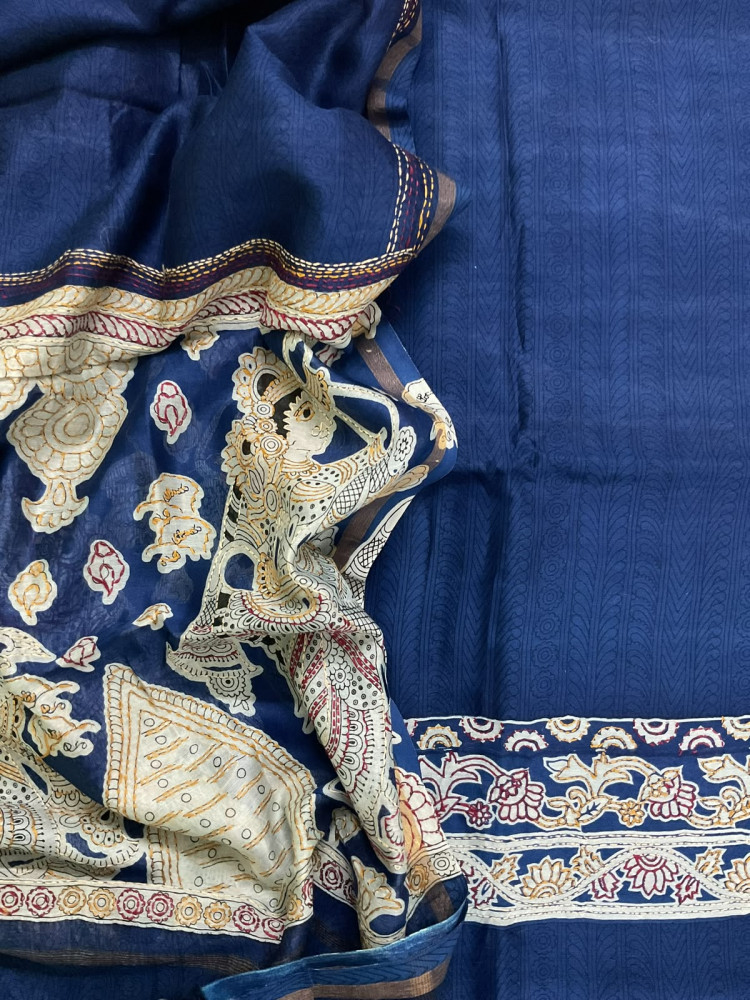 Image of Pure Mul Chanderi Printed Kantha Work Suit - Blue
