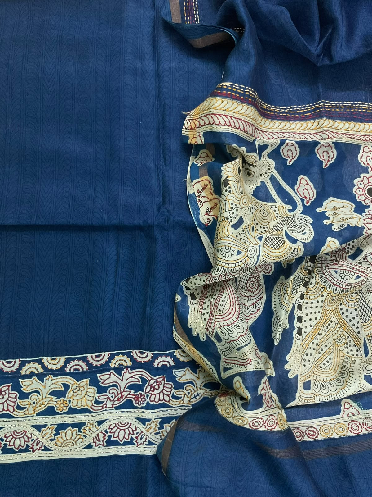 Pure Mul Chanderi Printed Kantha Work Suit - Blue