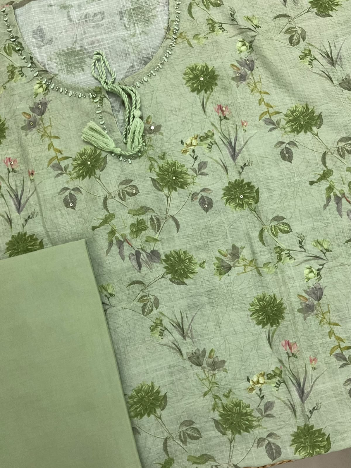 Soft Linen Jute Cotton Printed Embroidered Suit - Green