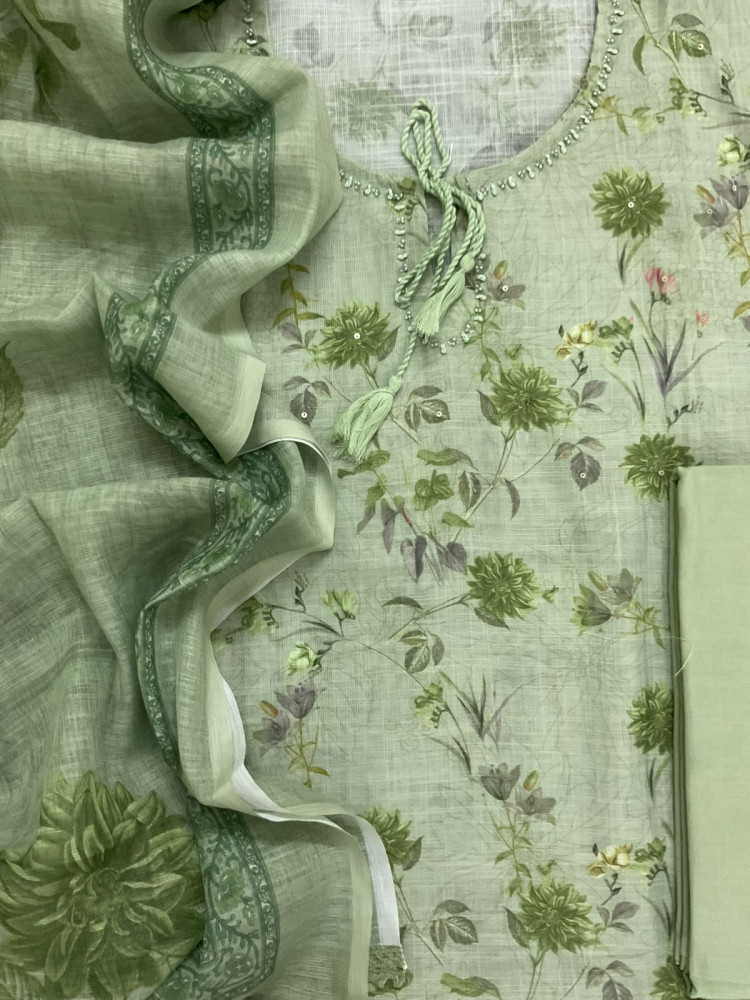 Image of Soft Linen Jute Cotton Printed Embroidered Suit - Green