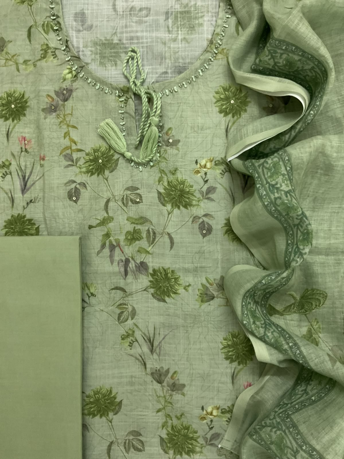 Soft Linen Jute Cotton Printed Embroidered Suit - Green