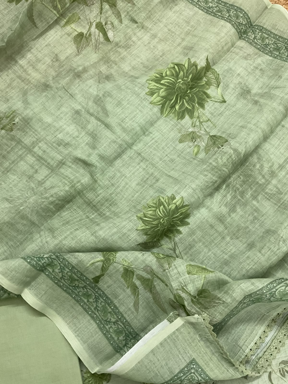 Soft Linen Jute Cotton Printed Embroidered Suit - Green