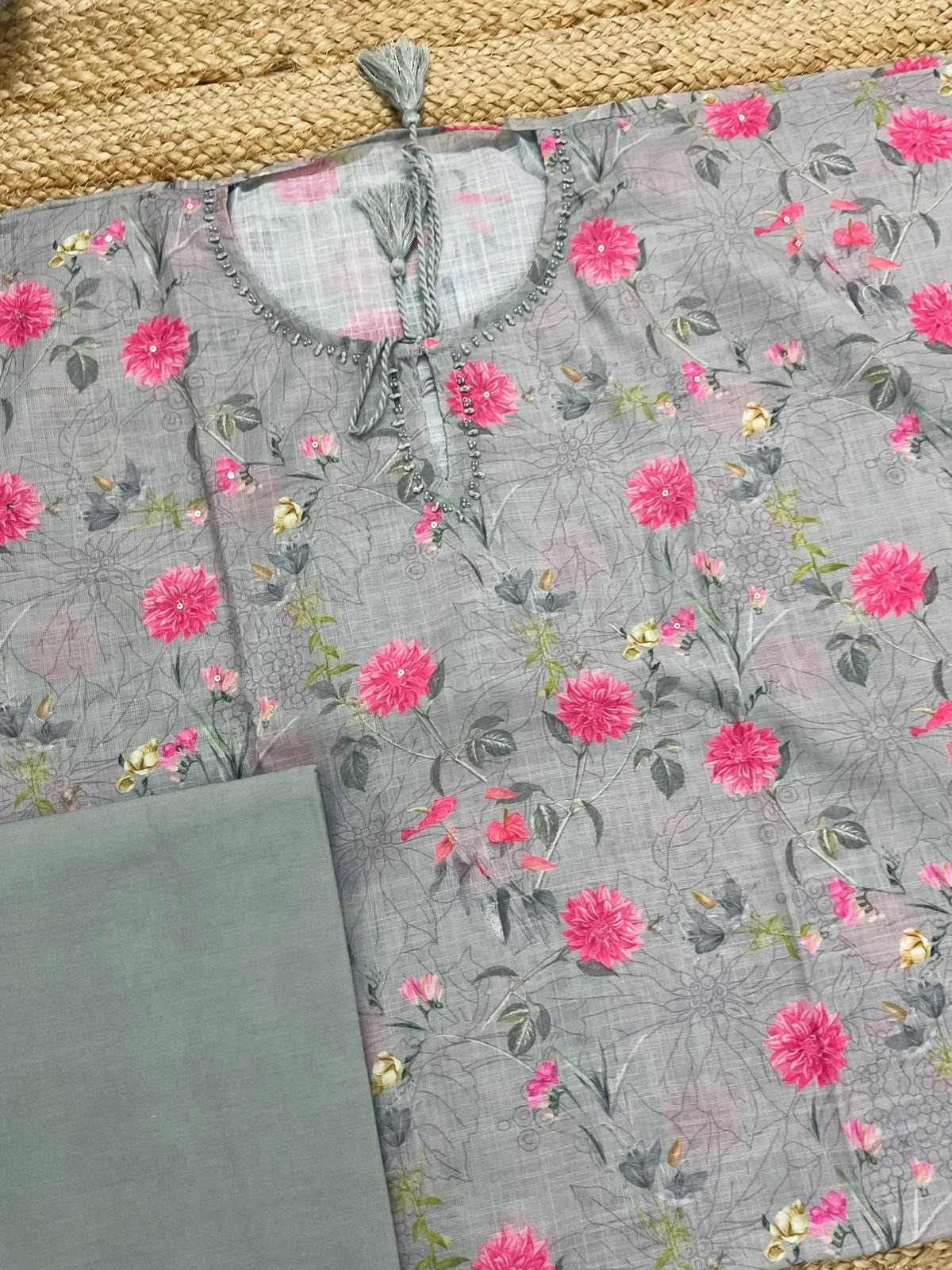Soft Linen Jute Cotton Printed Embroidered Suit - Grey