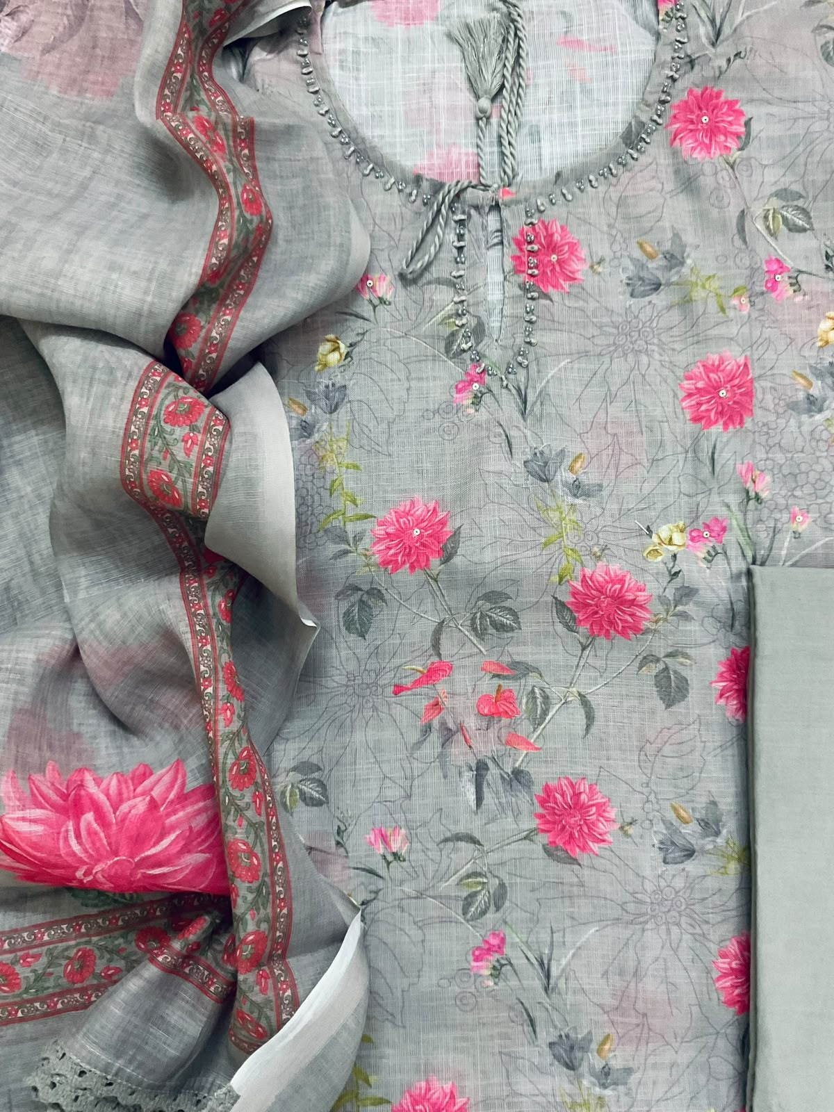 Soft Linen Jute Cotton Printed Embroidered Suit - Grey