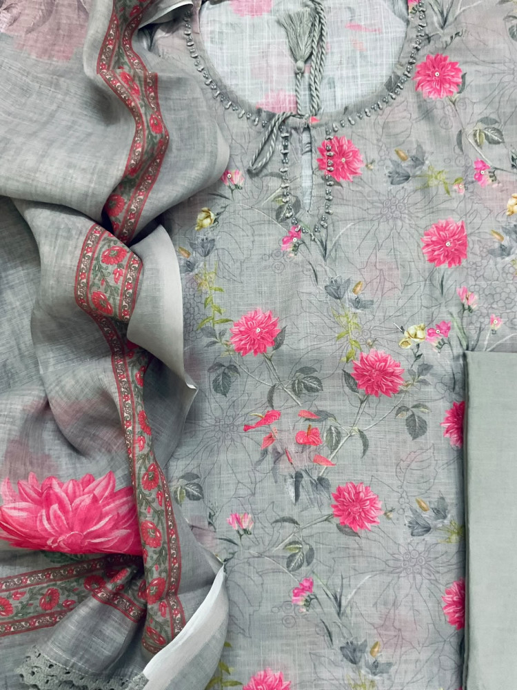Image of Soft Linen Jute Cotton Printed Embroidered Suit - Grey