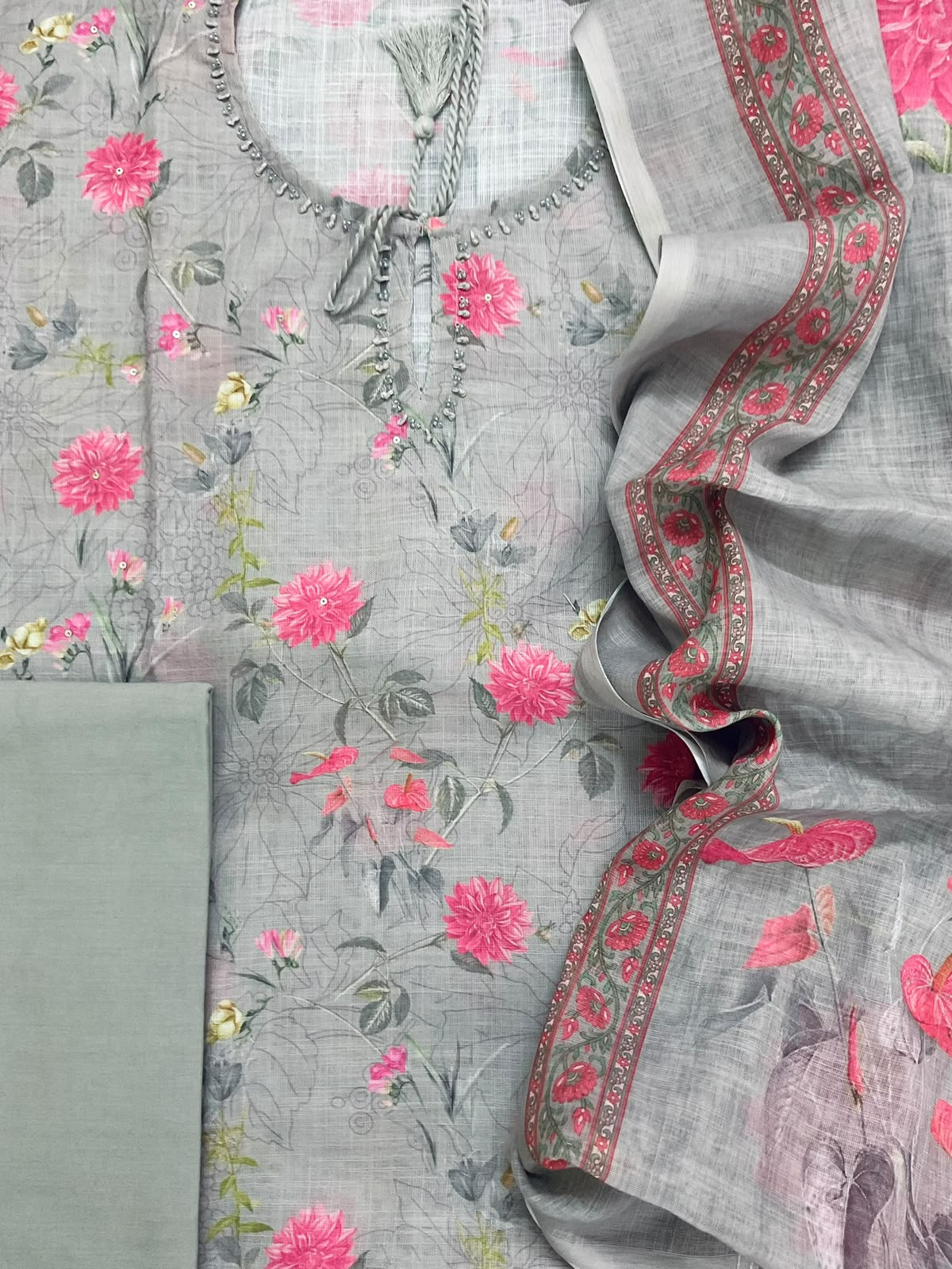 Soft Linen Jute Cotton Printed Embroidered Suit - Grey